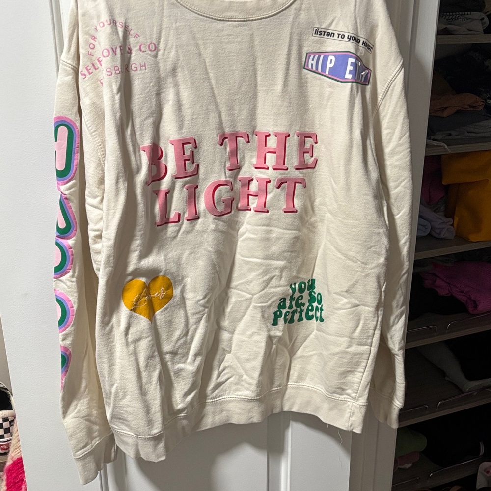 Self Love & Company Beige Graphic Sweatshirt with Pink and Green Accents XL